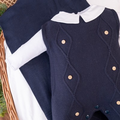 Saída de Maternidade Losango com Botões Madeira - Marinho